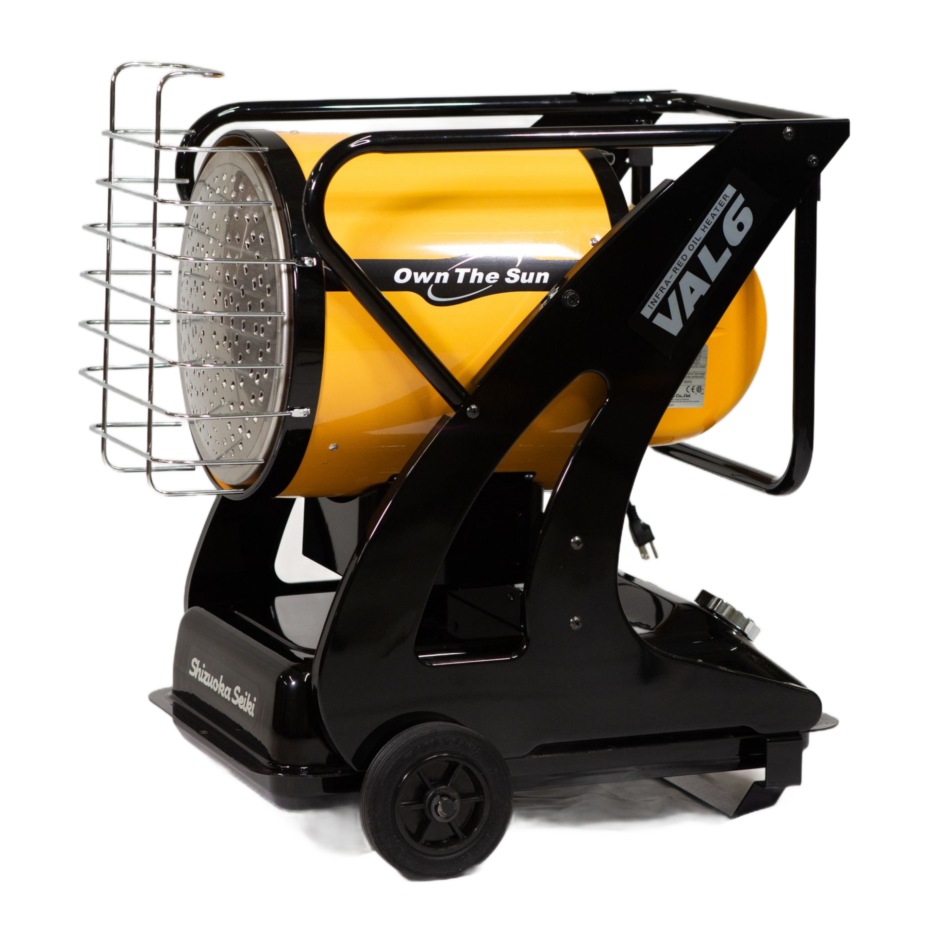 A yellow and black VAL6 infrared portable space heater on wheels with a protective metal front grill.