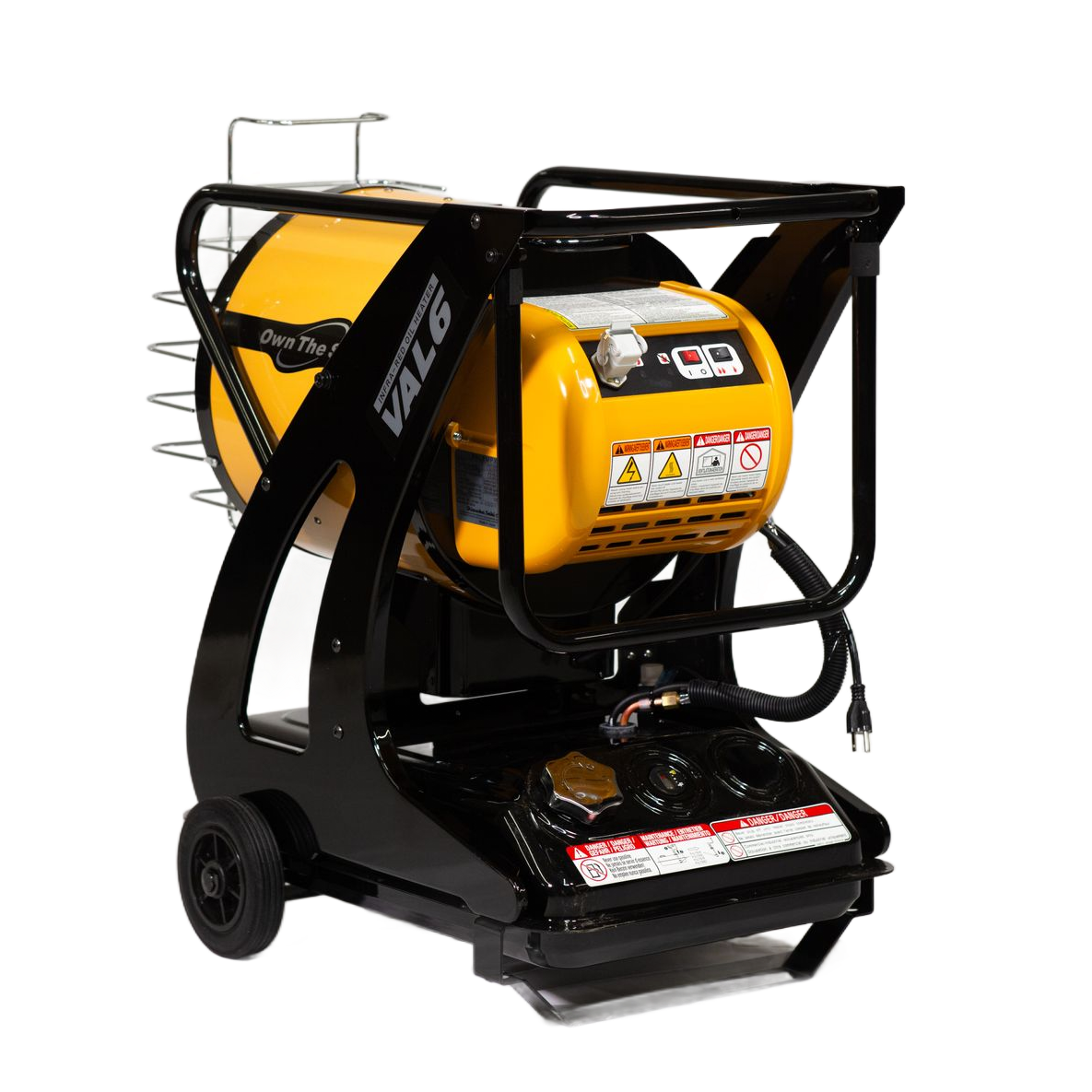 A portable, yellow and black Val6 infrared space heater on wheels with a sturdy metal frame.