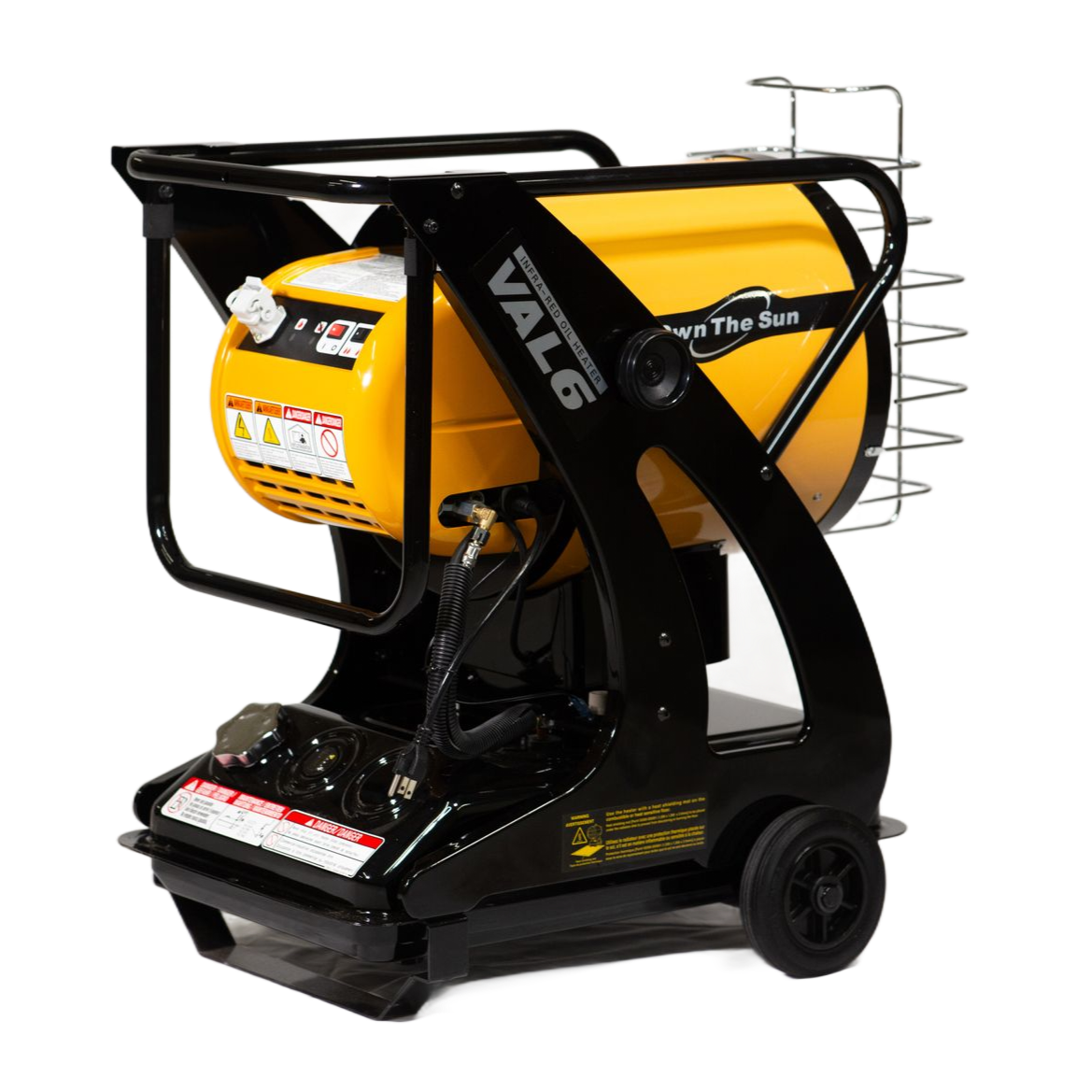 A yellow and black industrial portable infrared radiant heater on a wheeled frame against a white background.