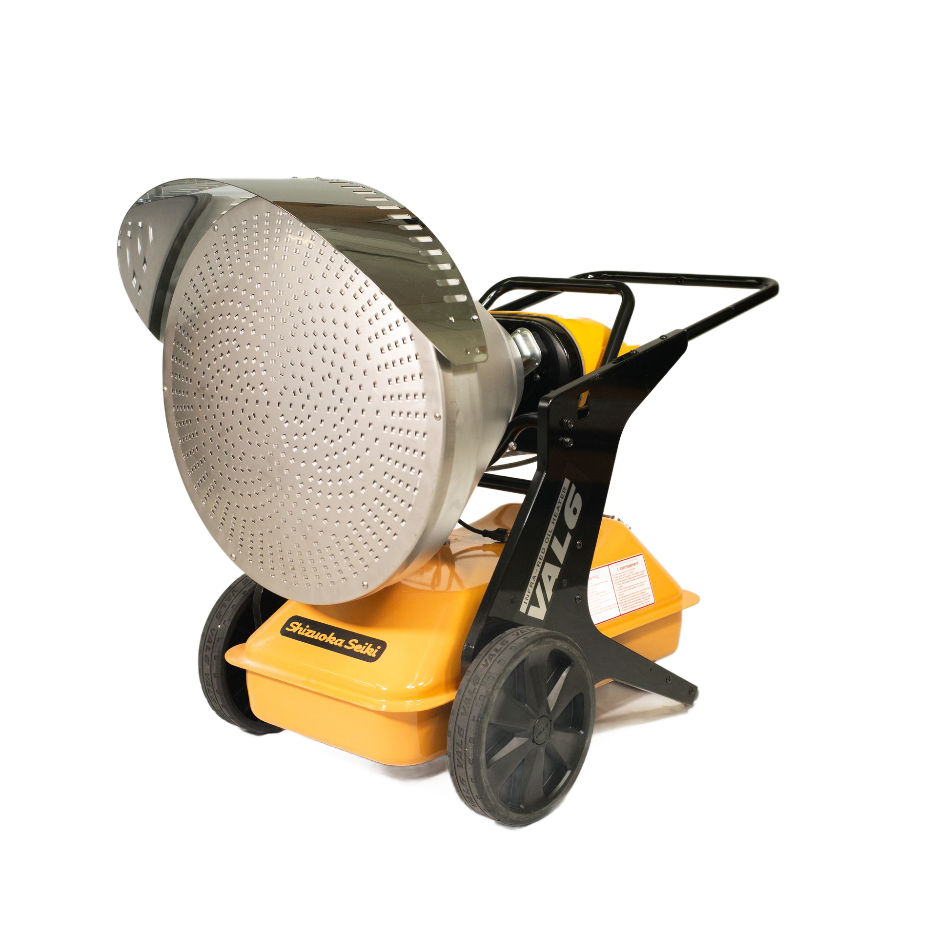 A yellow portable infrared heater with a large, metallic, perforated front screen on a wheeled base.