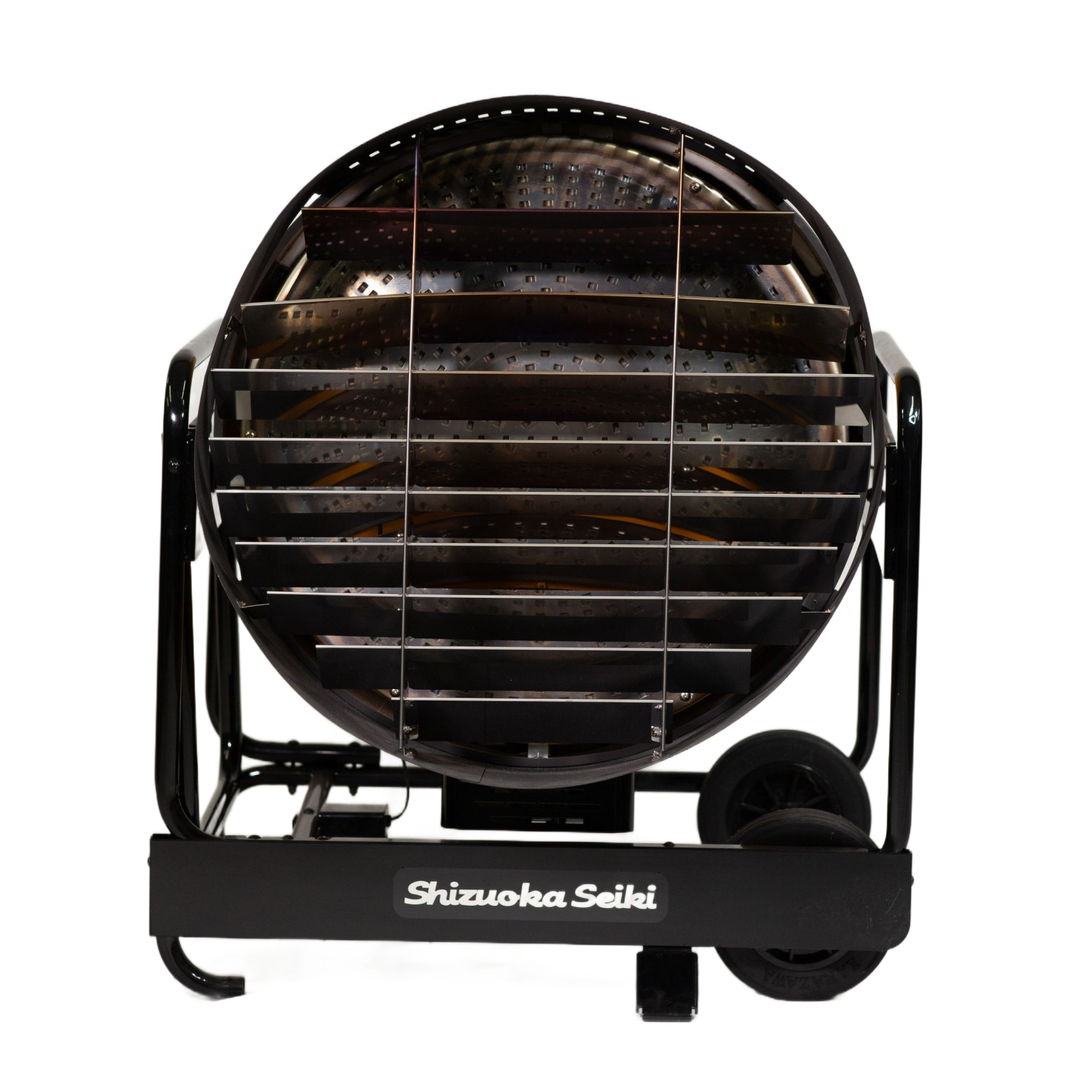 A portable, yellow and black industrial VAL6 radiant space heater on a metal wheeled frame.