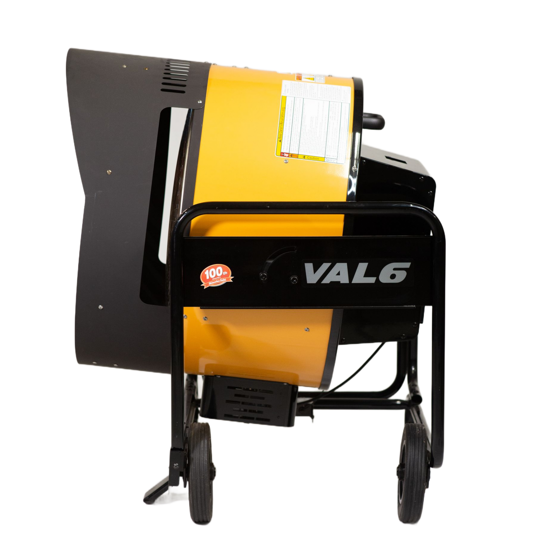 A yellow and black VAL6 infrared portable industrial heater on a wheeled metal stand, isolated on a white background.