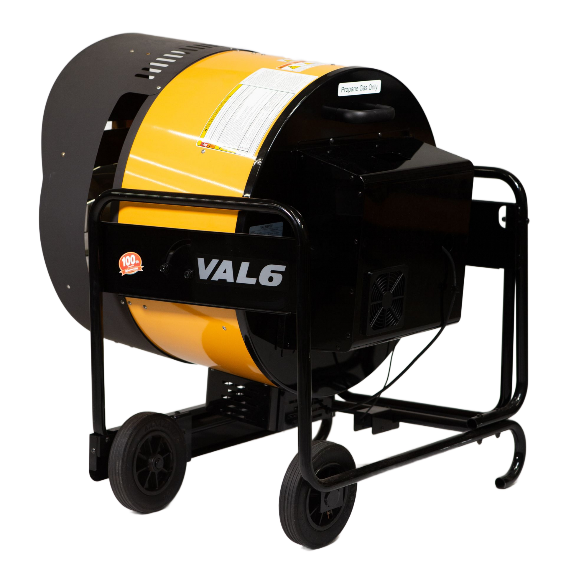 A yellow and black industrial radiant heater on a wheeled metal frame, angled to show its side and rear controls.