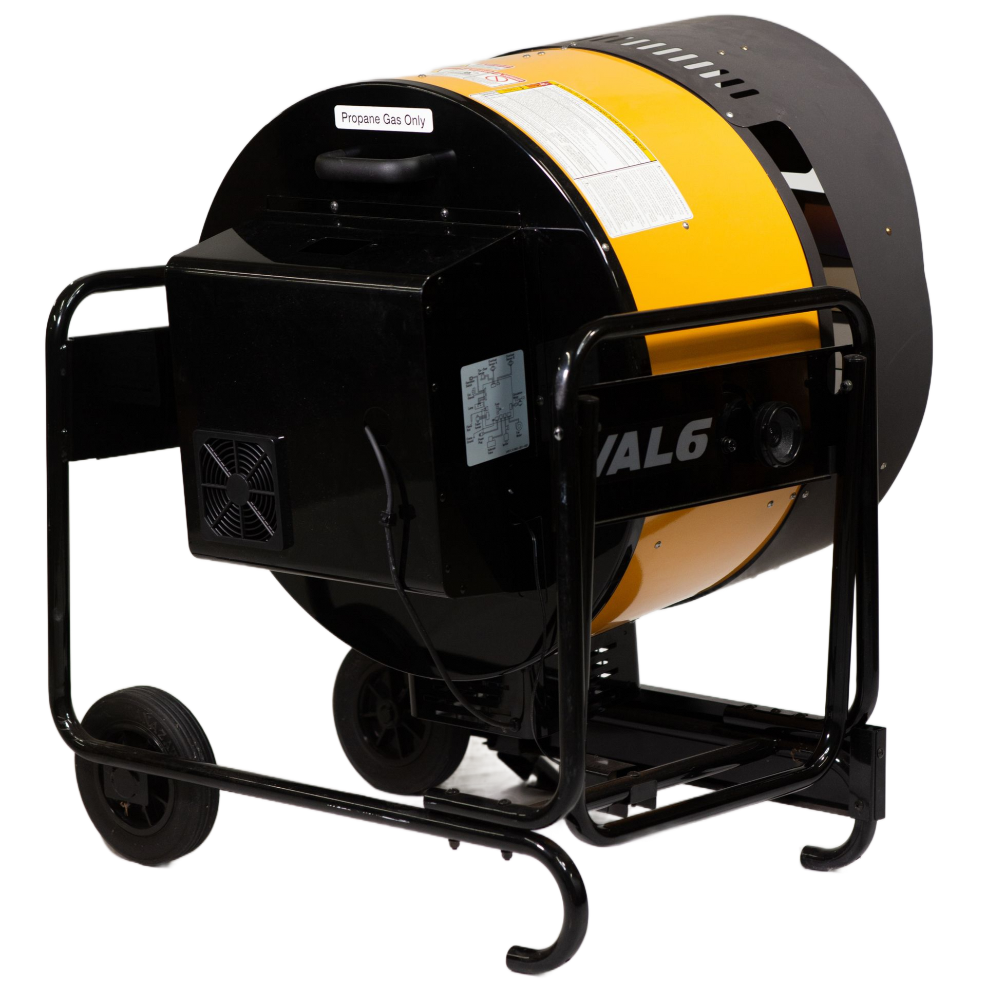 A yellow and black VAL6 infrared portable industrial heater on a wheeled metal stand, isolated on a white background.
