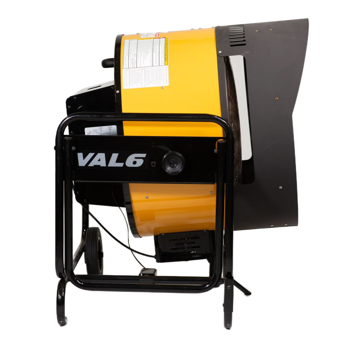 A portable, yellow and black industrial VAL6 radiant space heater on a metal wheeled frame.