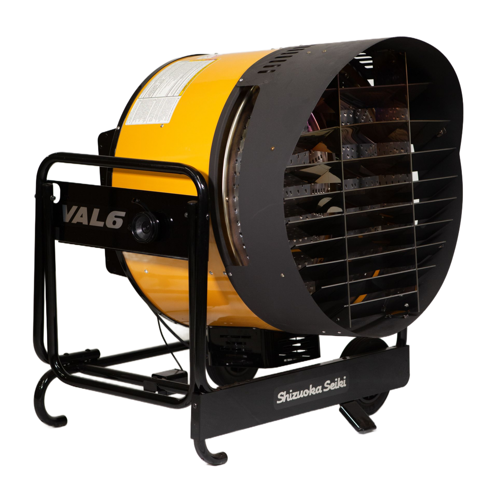 A yellow and black industrial radiant heater on a wheeled metal frame, angled to show its side and rear controls.