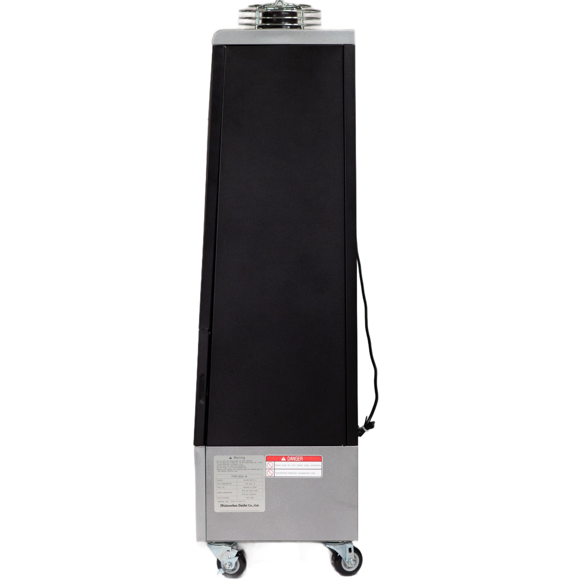 A tall, narrow, black and silver portable industrial heater on wheels, isolated against a white background.