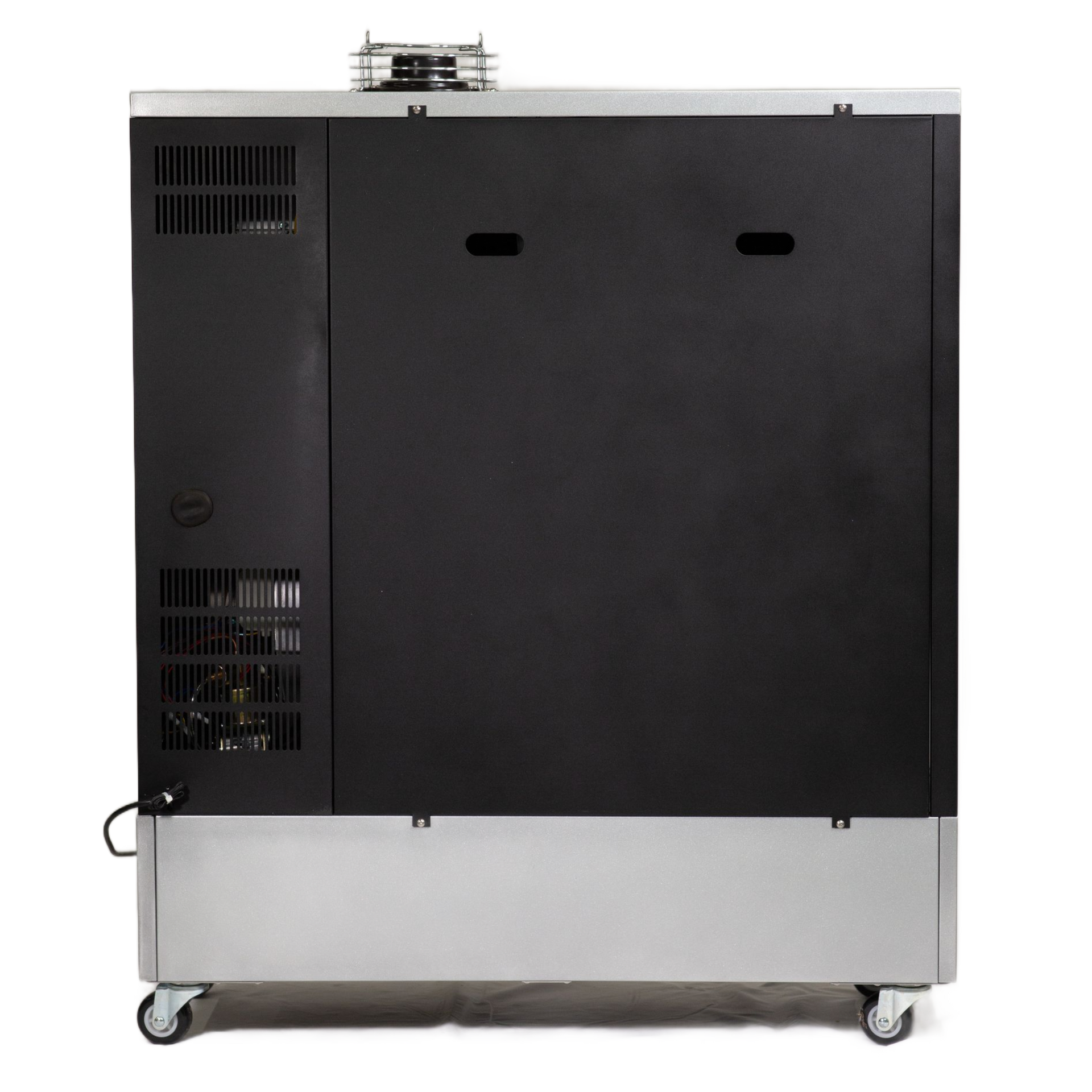 A rectangular, stainless steel and black industrial equipment unit with a vented side, mounted on four small caster wheels.