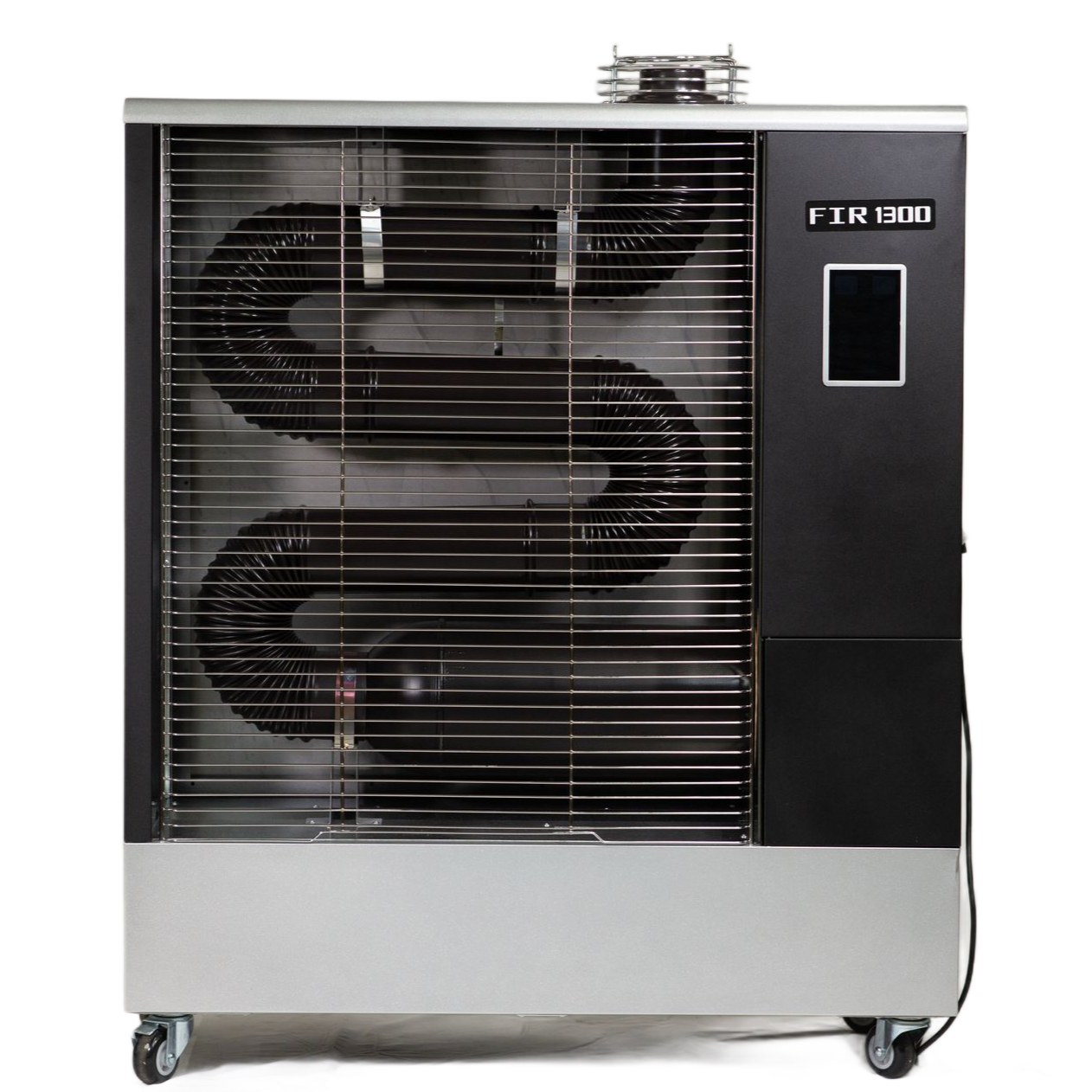 A silver and black industrial heater on casters with a prominent serpentine heating element behind a wire grid.