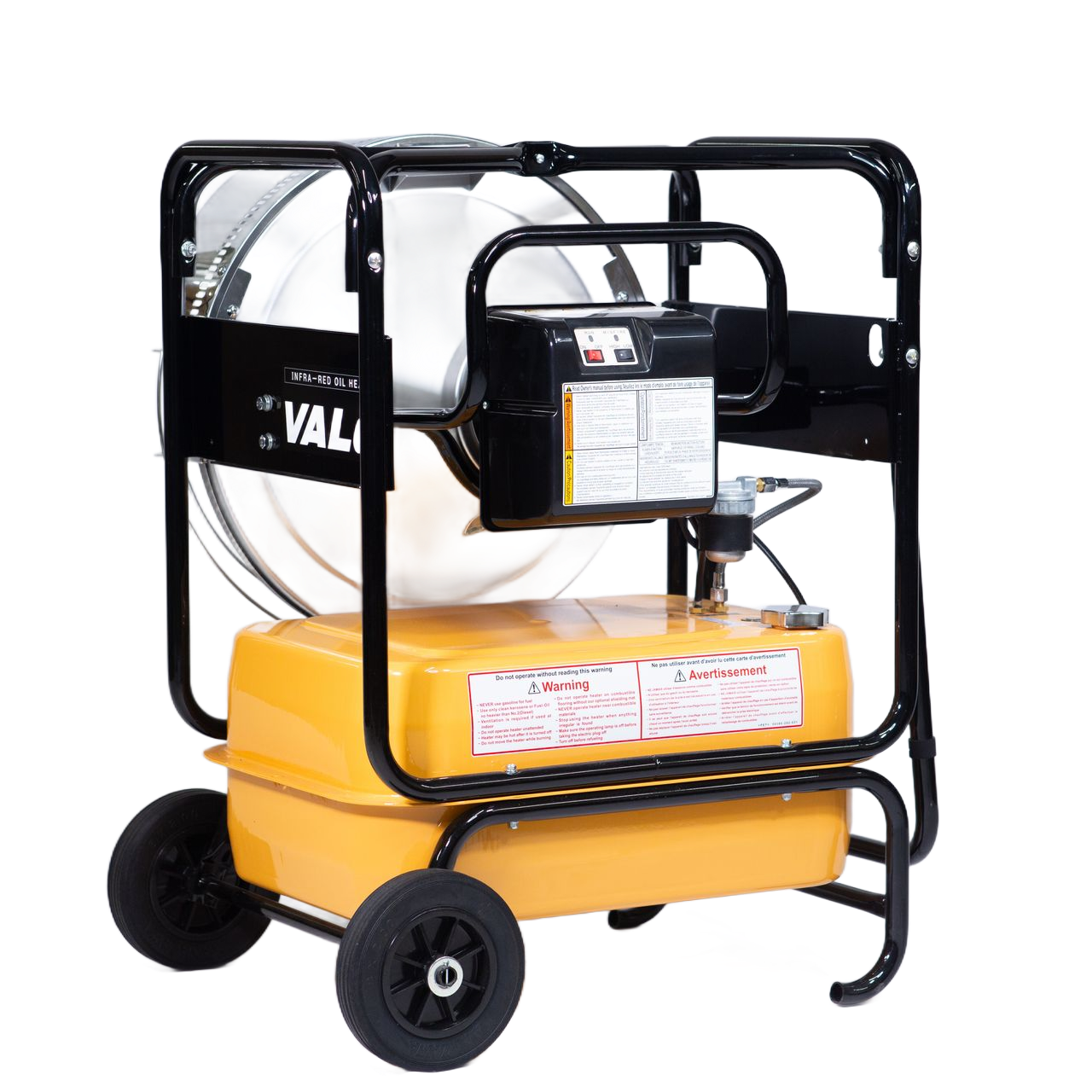 A portable, yellow industrial space heater with a black frame and wheels, set against a plain white background.