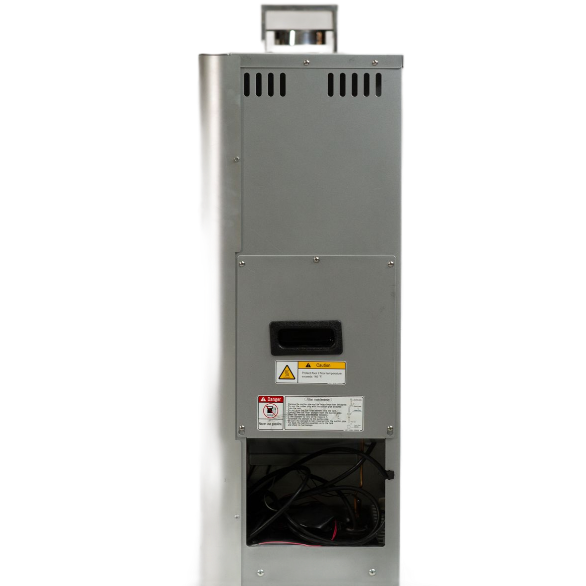 heater with a partially open front access panel, warning labels, and exposed internal wiring.