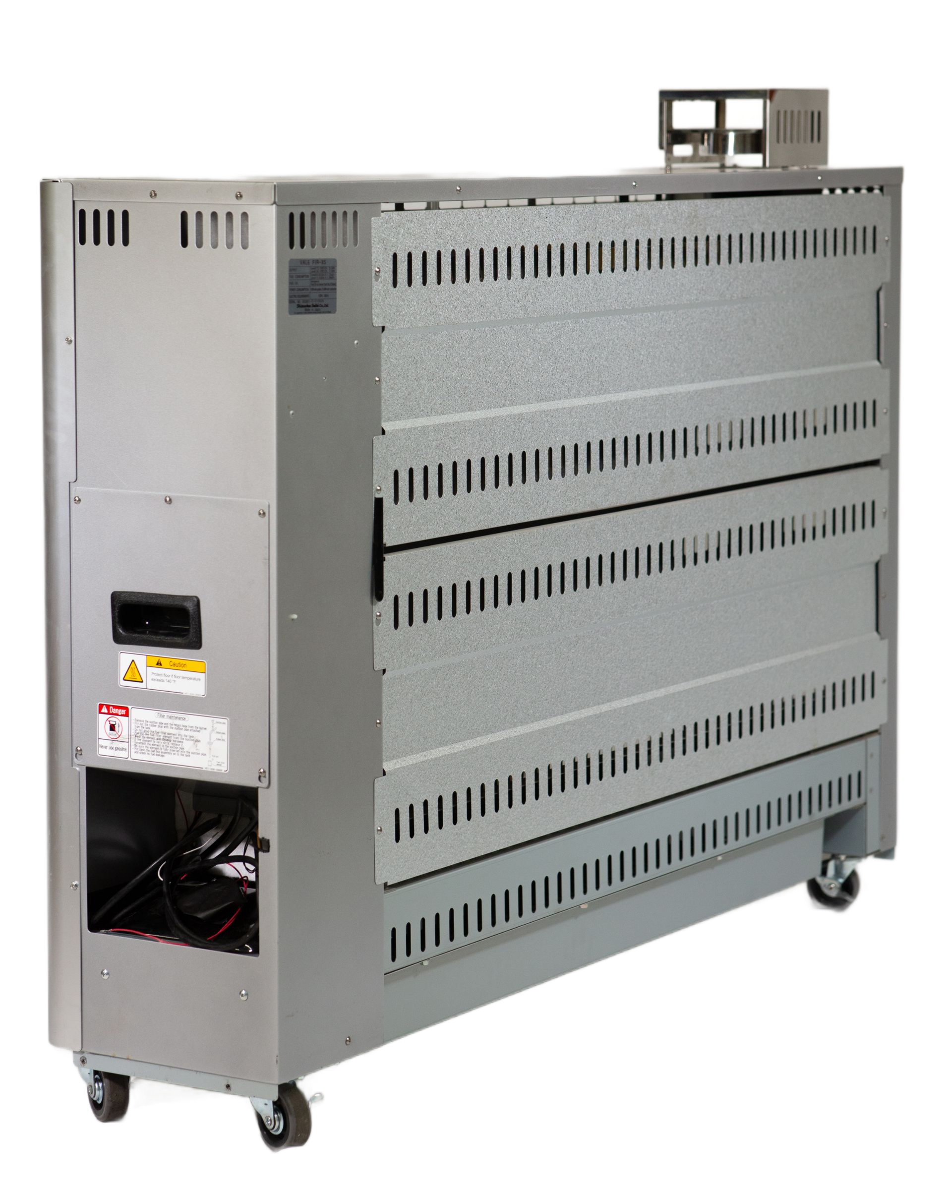 A tall, rectangular metal industrial space heater or generator on casters with side ventilation slats and a top vent.