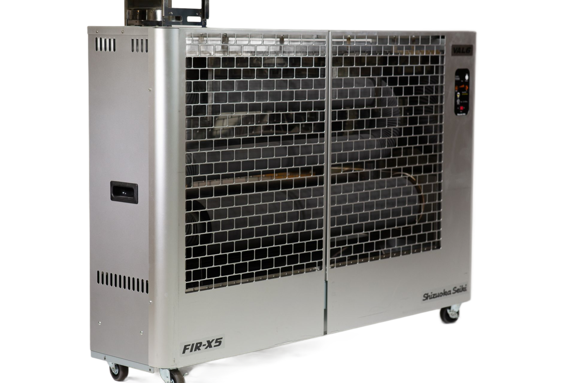 Industrial space heater with a black and silver metal cabinet, wheels, and a heating element visible through a wire screen.
