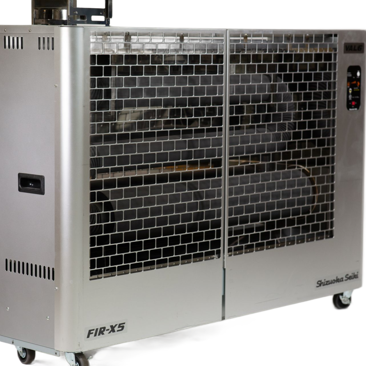 A portable infrared heater in silver with a black protective wire mesh grill on wheels.