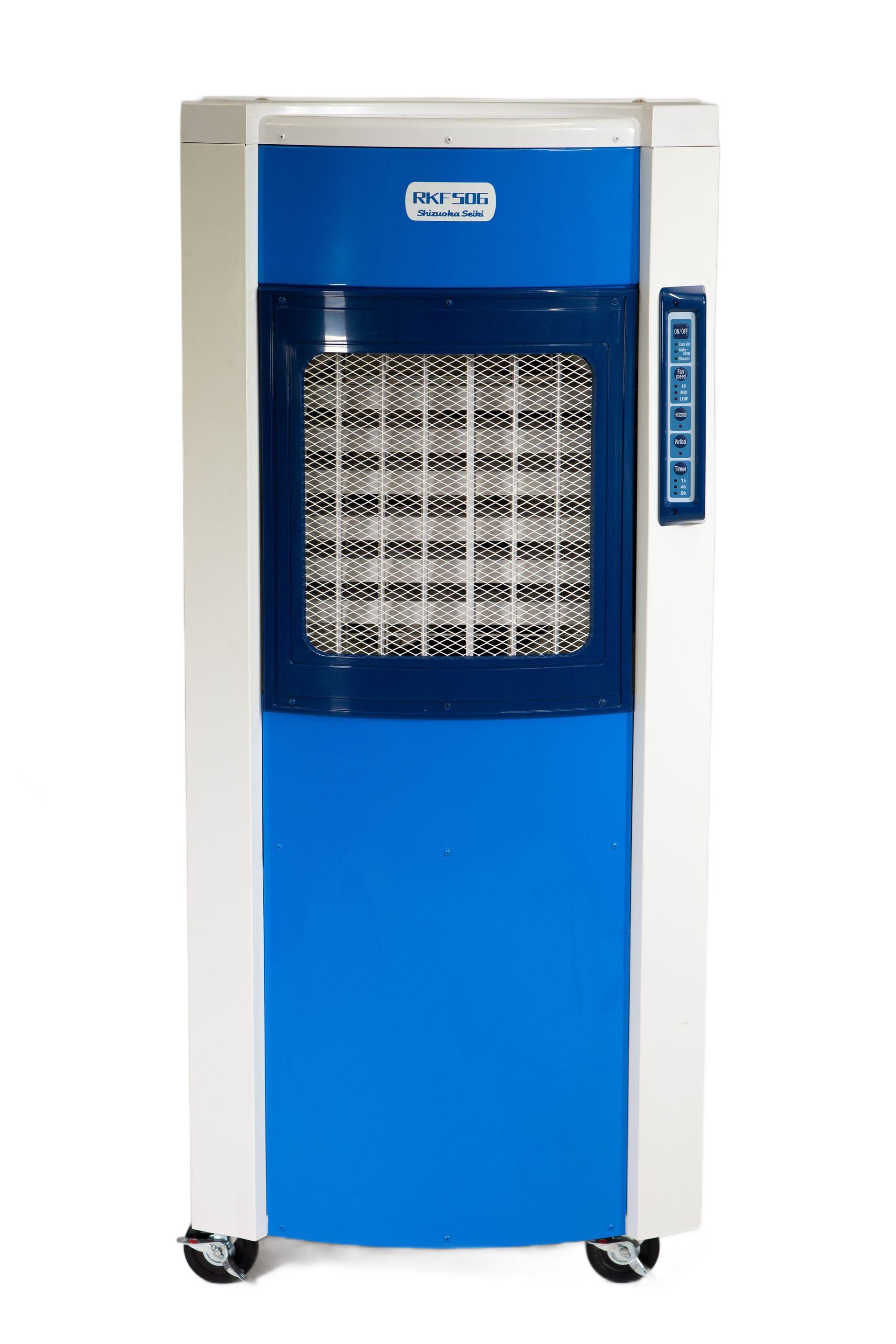A white and blue portable evaporative cooler on wheels with a honeycomb vent and control panel on the side.