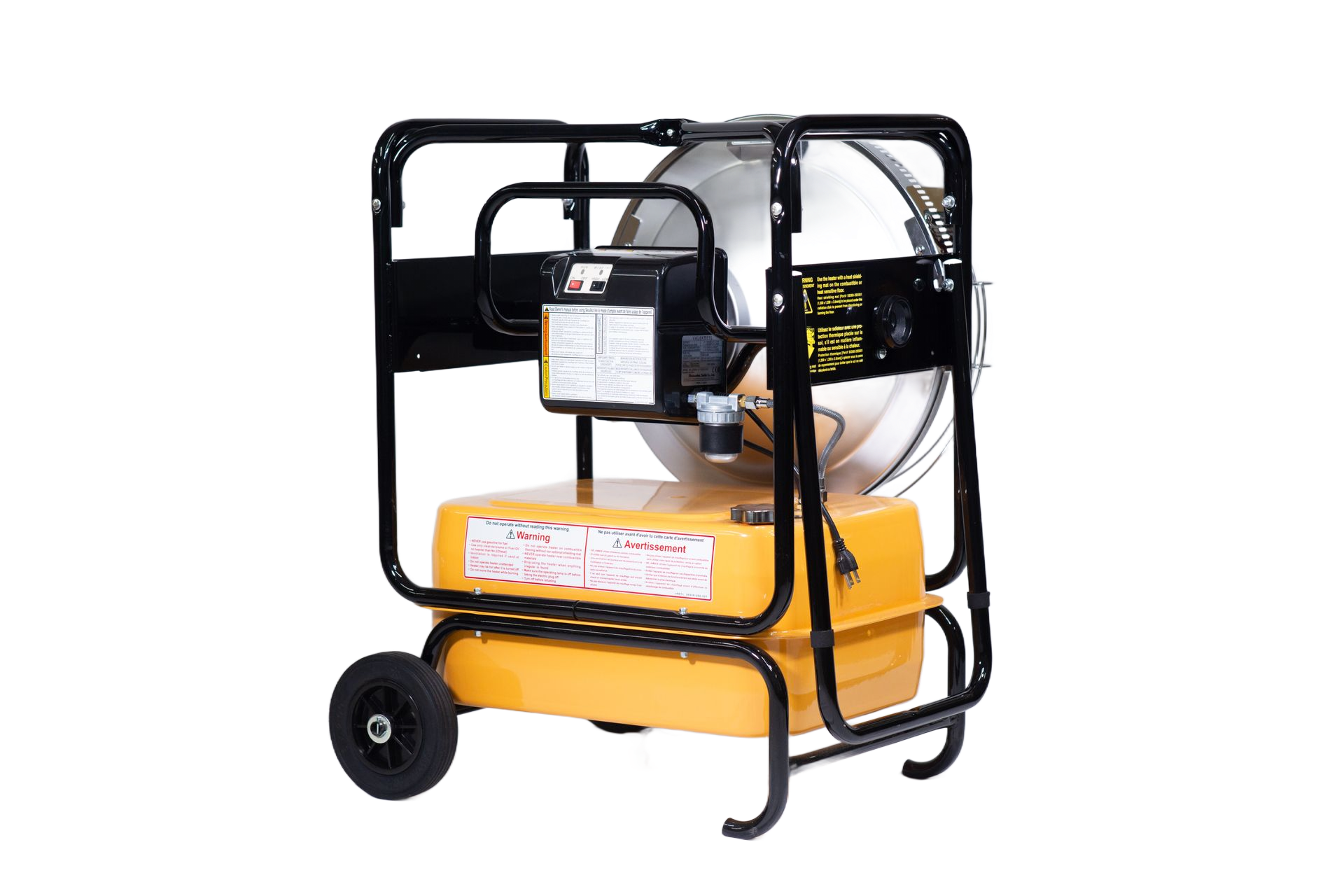 A portable, yellow heater on a black metal frame with wheels against a white background.