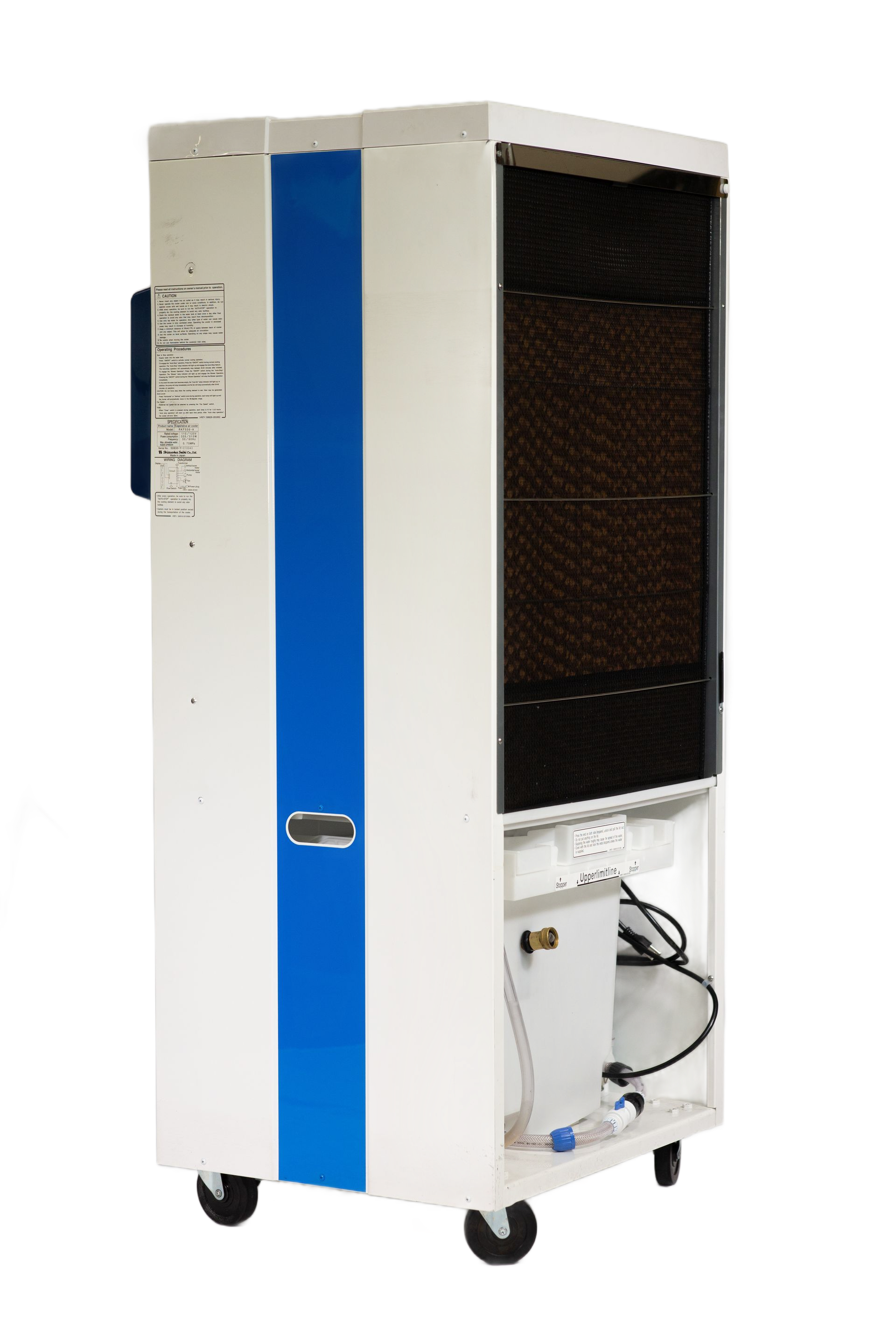 A white and blue portable evaporative cooler on wheels, featuring a dark brown cooling pad and a water tank base.