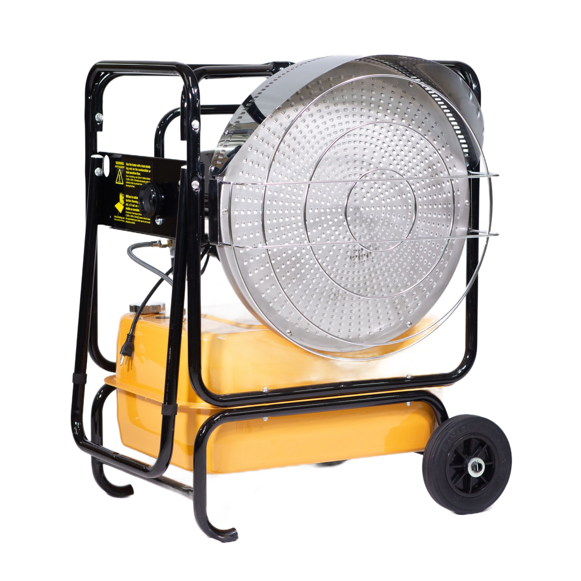 Orange kerosene space heater on wheels, enclosed by a black metal frame.