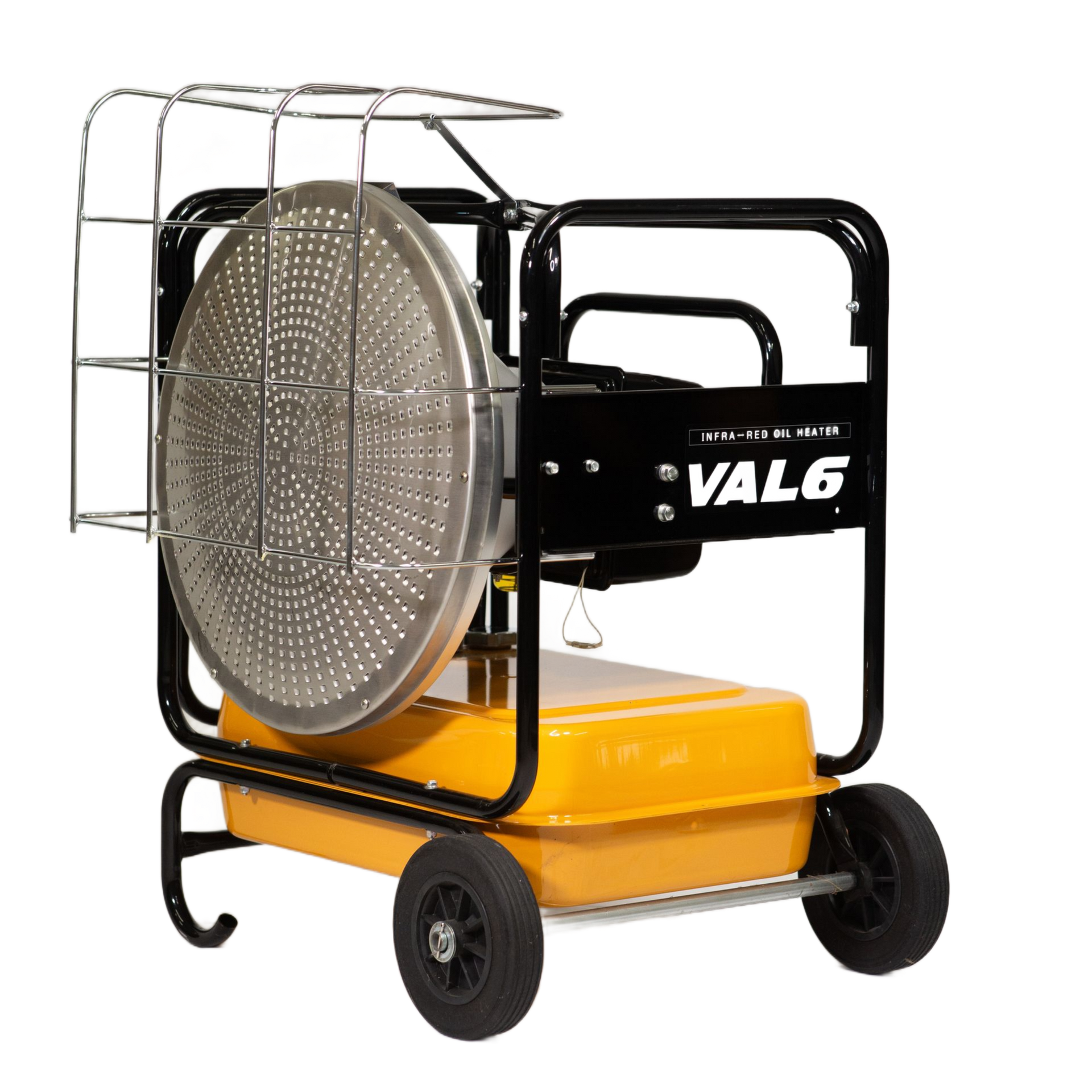 A black and yellow VAL6 portable heater on wheels with a protective metal cage.