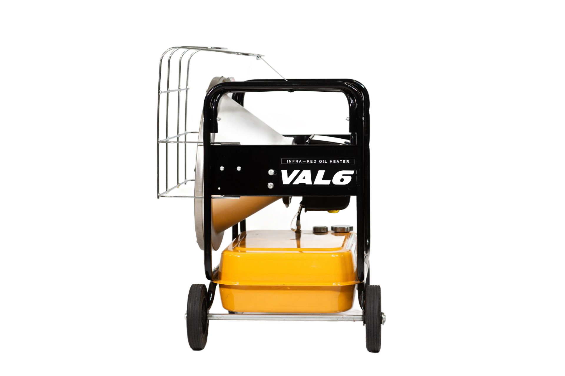 A portable VAL6 infrared heater with a yellow fuel tank and black frame on wheels.
