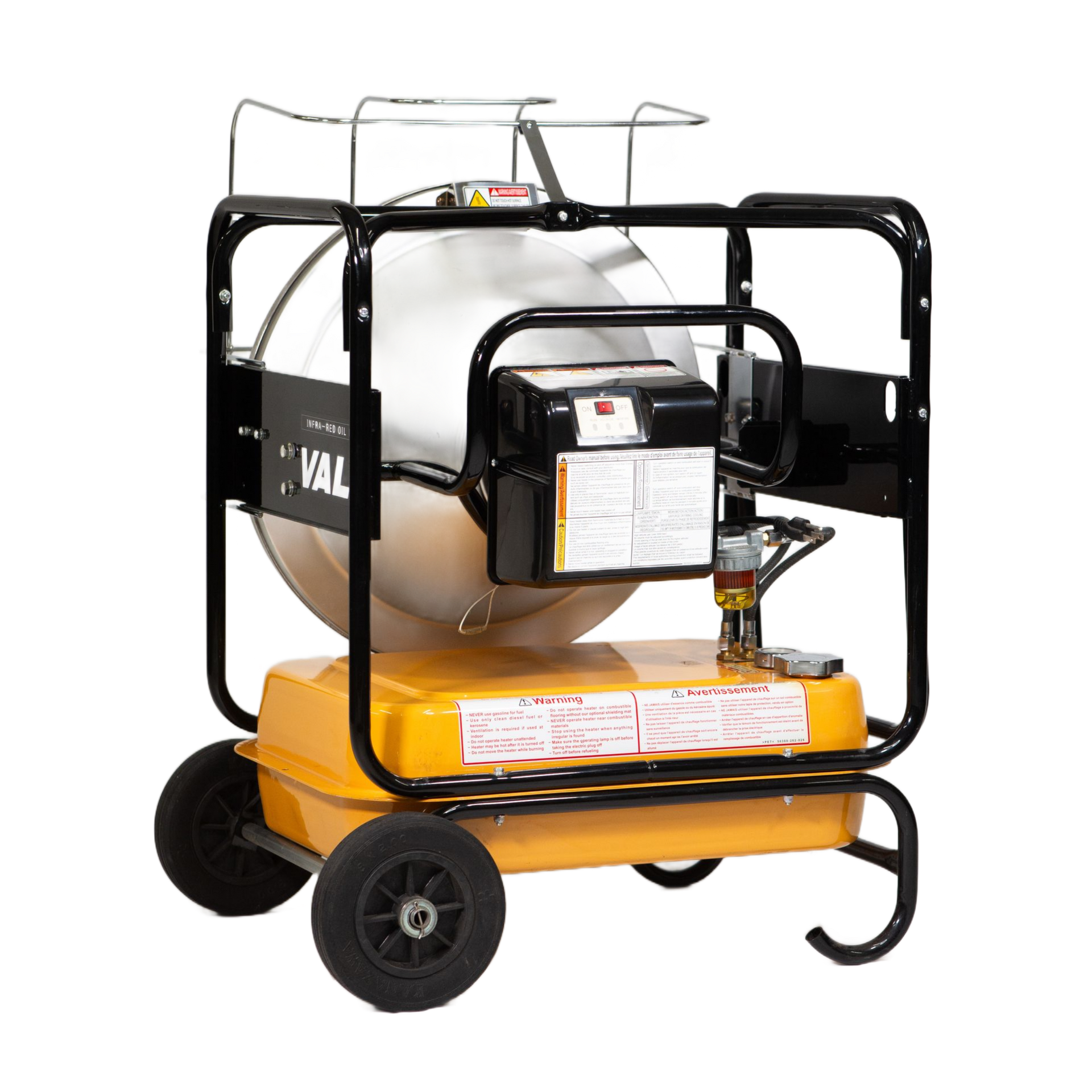 A yellow portable heater with black frame and wheels on a white background.