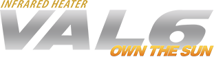 Logo for VAL 6 infrared heater, silver lettering with gold accents: 