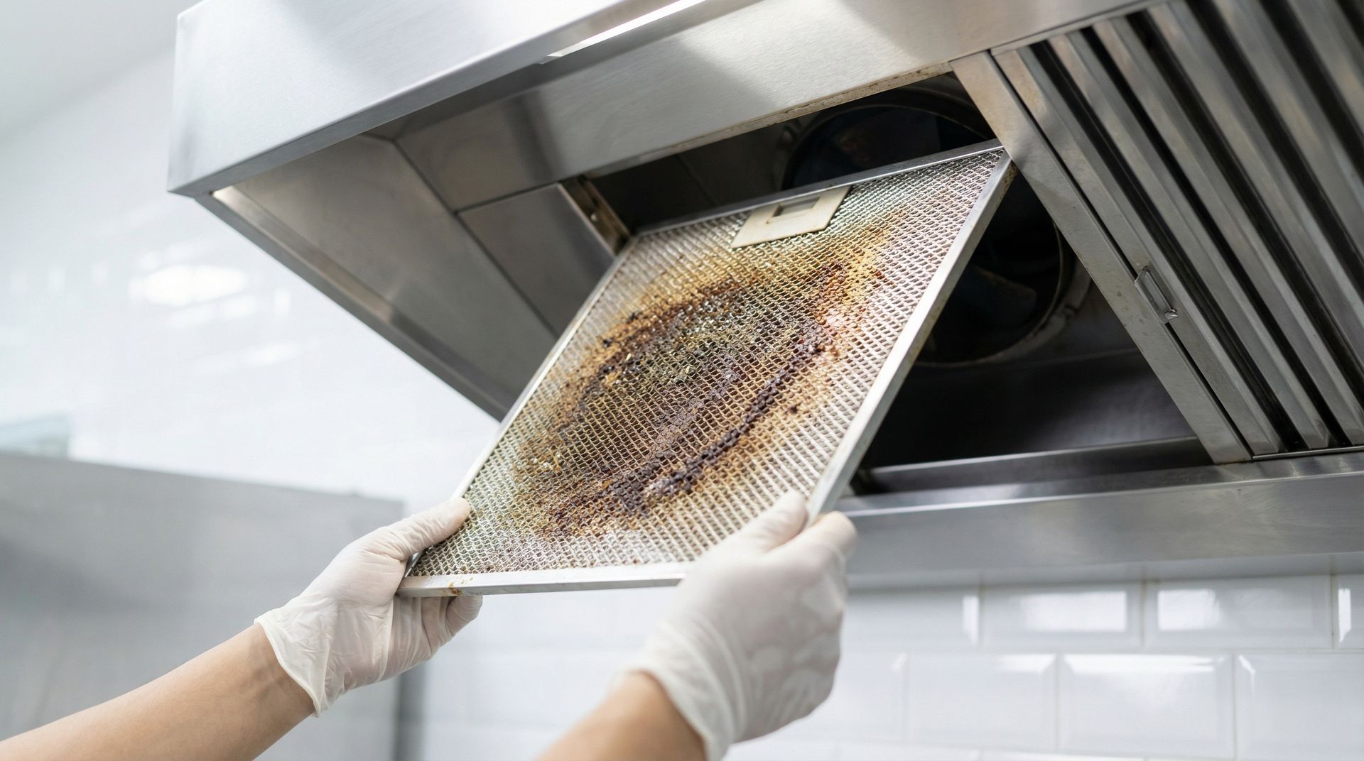 Commercial kitchen exhaust filter being removed for cleaning by a cleaning worker.