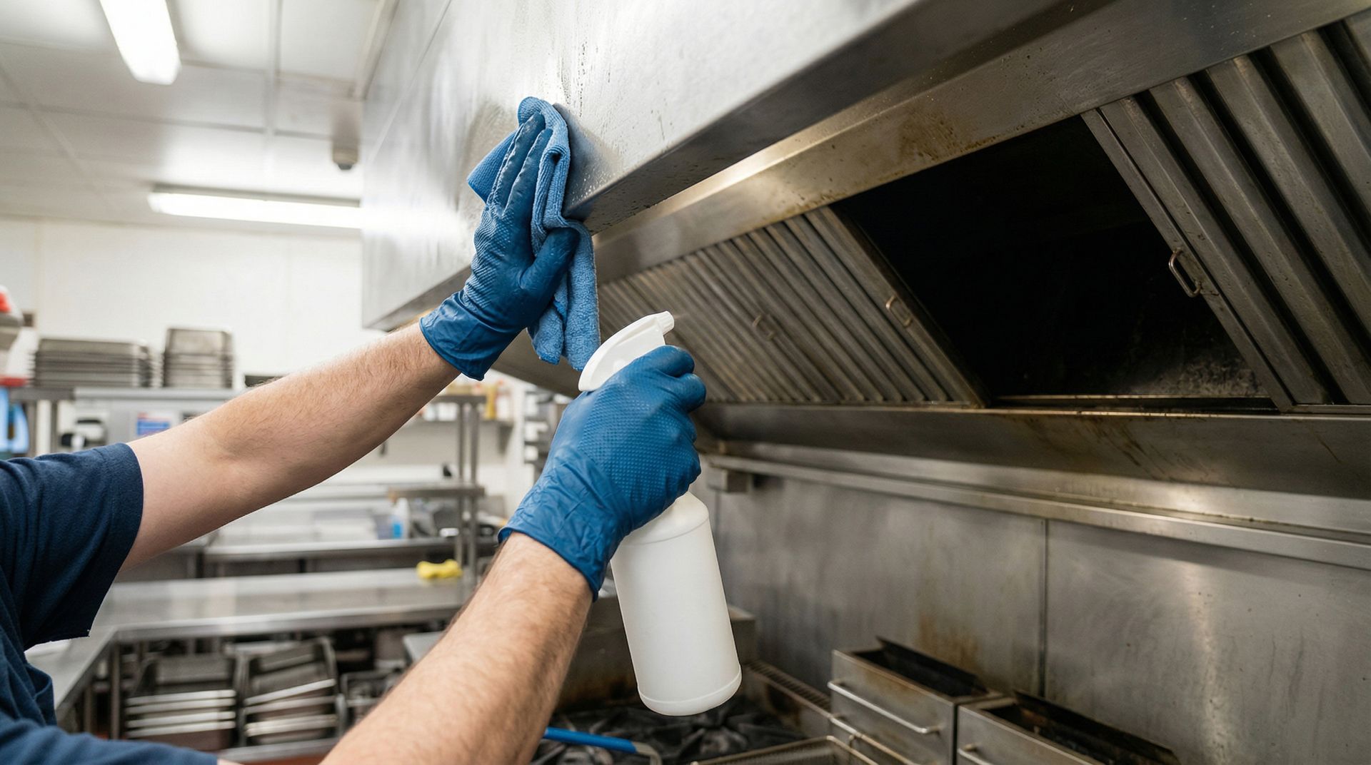 Close-up of a professional technician's hands degreasing a stainless steel extractor hood in a com