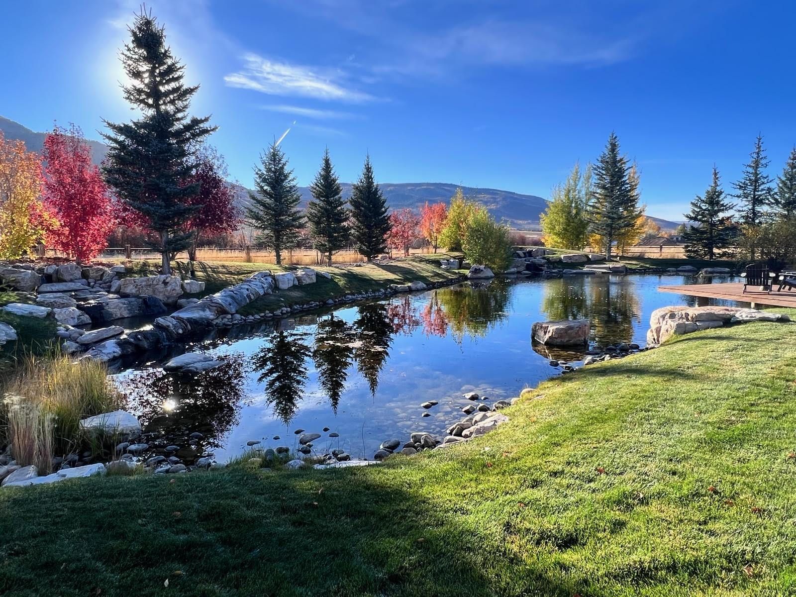 A scenic pond reflects colorful trees under a blue sky on a sunny day. Green grass surrounds.