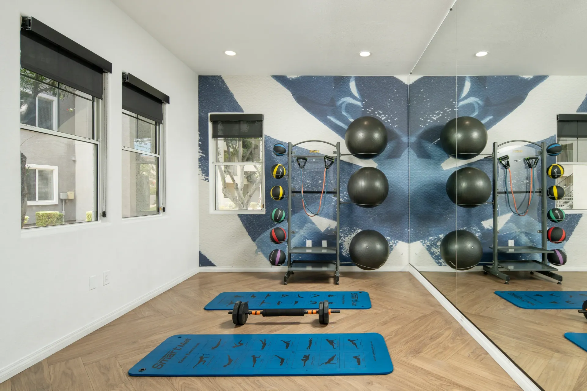 Fitness center gym with yoga mats, weights, and stability balls at Heritage at Deer Valley in Phoenix, AZ.