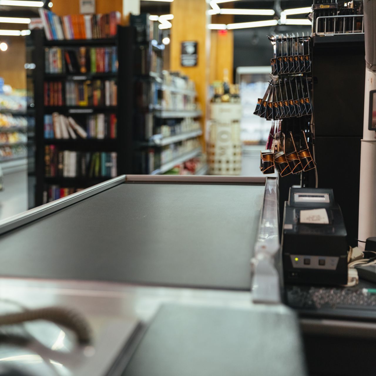A close up of a cash register in a grocery store.