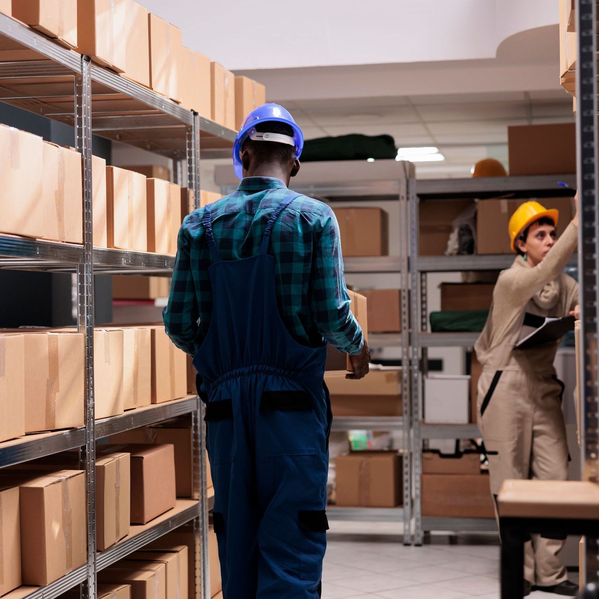 Two men are working in a warehouse filled with boxes and shelves.