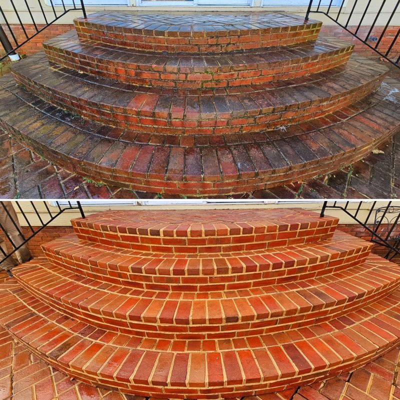 Before-and-after view of brick steps being cleaned, with dark dirty bricks above and bright red bricks below