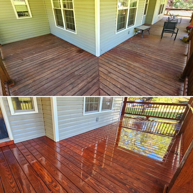 Wooden backyard deck beside a house, shown before and after staining, with patio furniture nearby.
