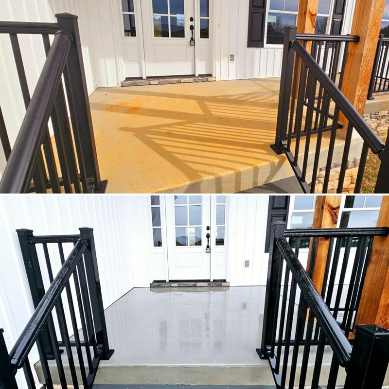 Before-and-after view of a porch: stained wood floor above and wet gray concrete below, with black railings.