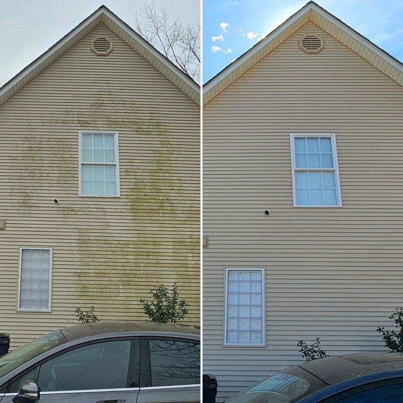 Side-by-side house exterior before-and-after painting: worn beige siding versus clean tan siding.