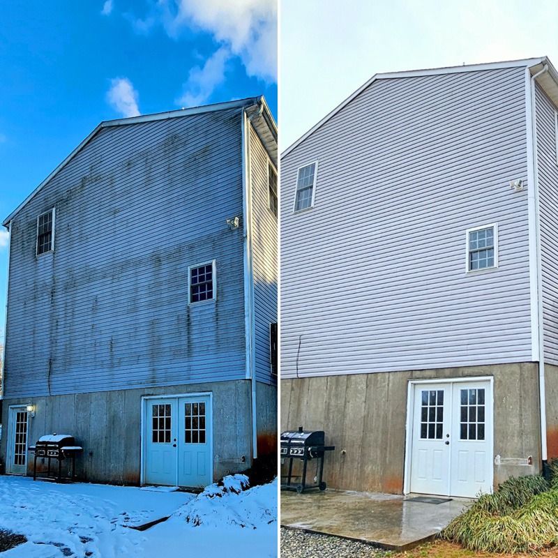Side-by-side house exterior comparison: blue and white siding on snowy day, with the same back porch and doors.