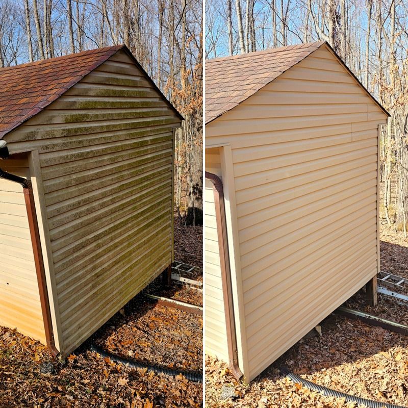Side-by-side shed before and after cleaning: weathered brown left, fresh beige right.