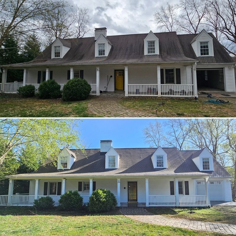 Suburban house shown in before-and-after view: overcast top, sunny bottom.