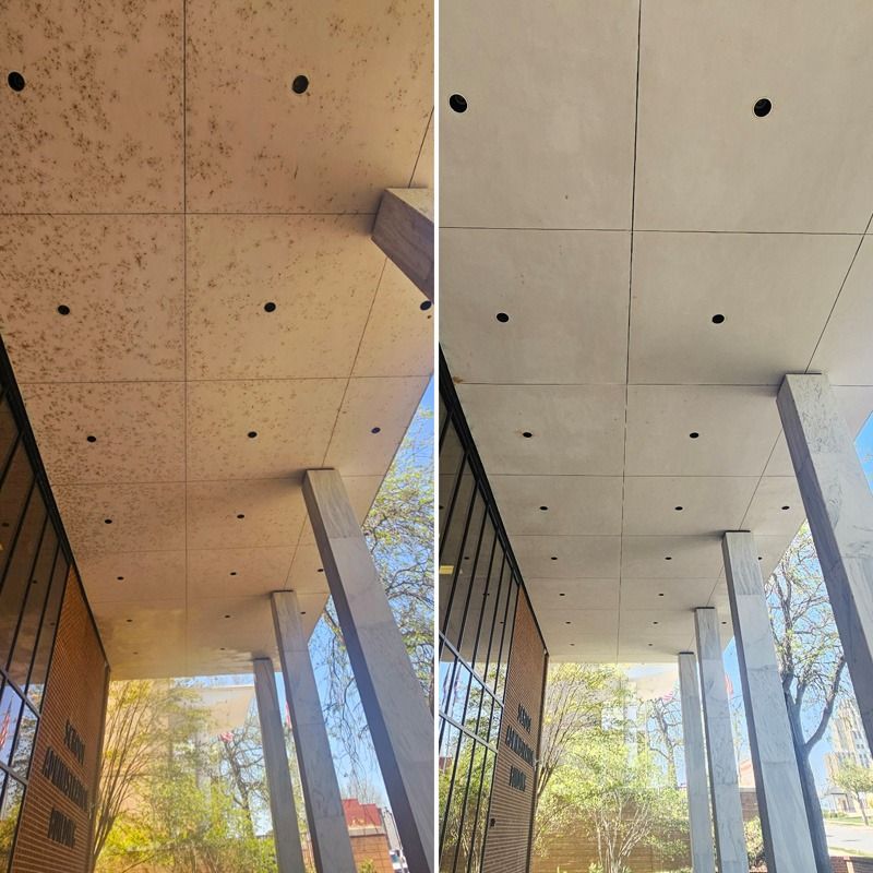 Side-by-side ceiling panels under a covered walkway, showing exposed speckles on the left and smooth beige panels on the right.