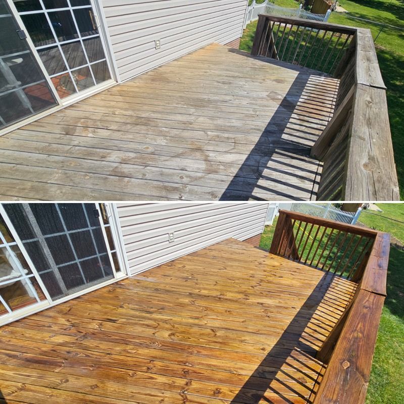 Before and after view of a weathered wooden deck restored to a fresh, golden finish