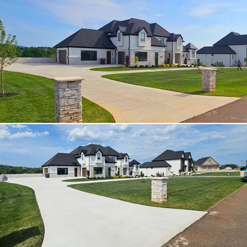 Luxury suburban house with large driveway and manicured lawn, shown in two views with differing driveway surfaces