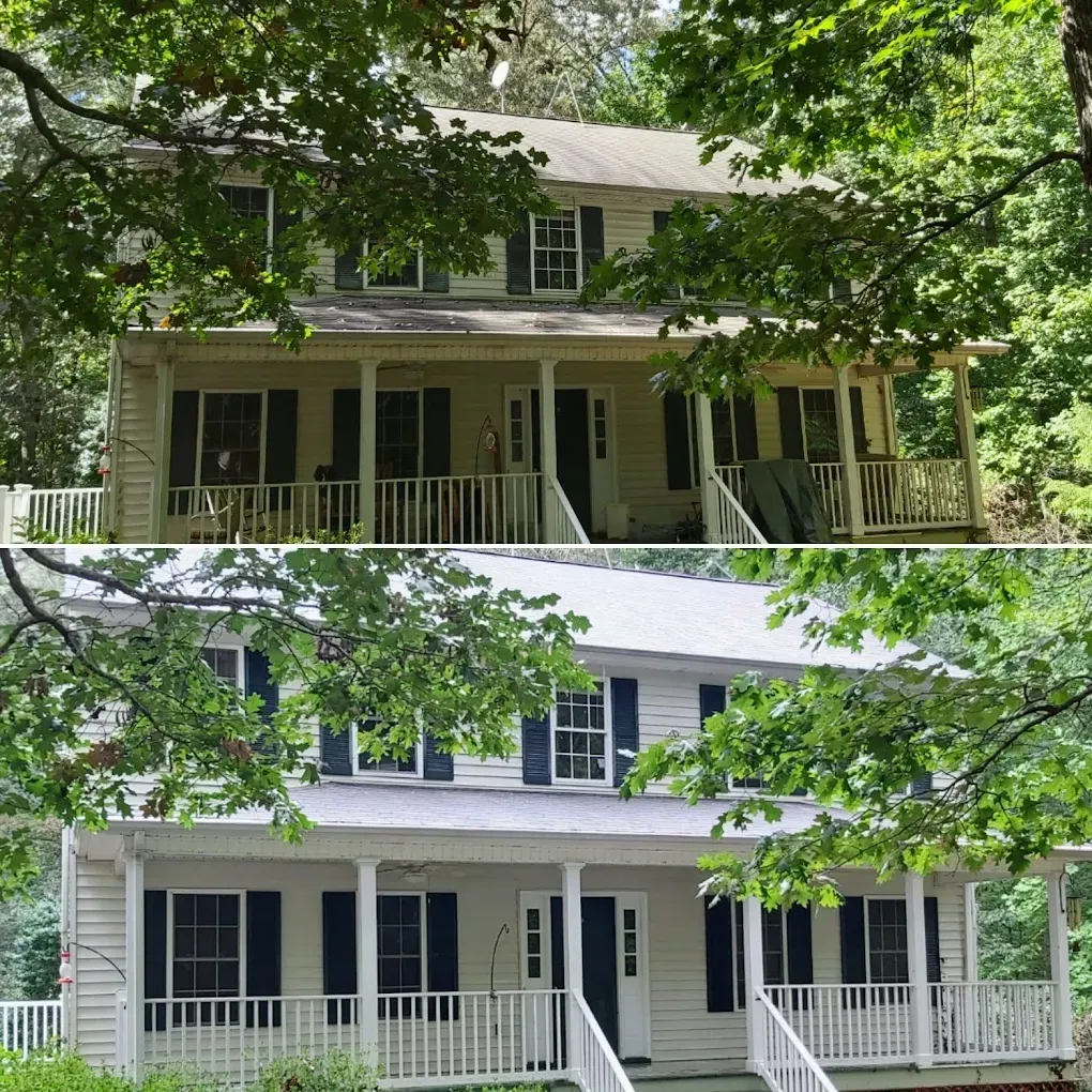 Before-and-after of a white two-story house with a front porch and green trees overhead