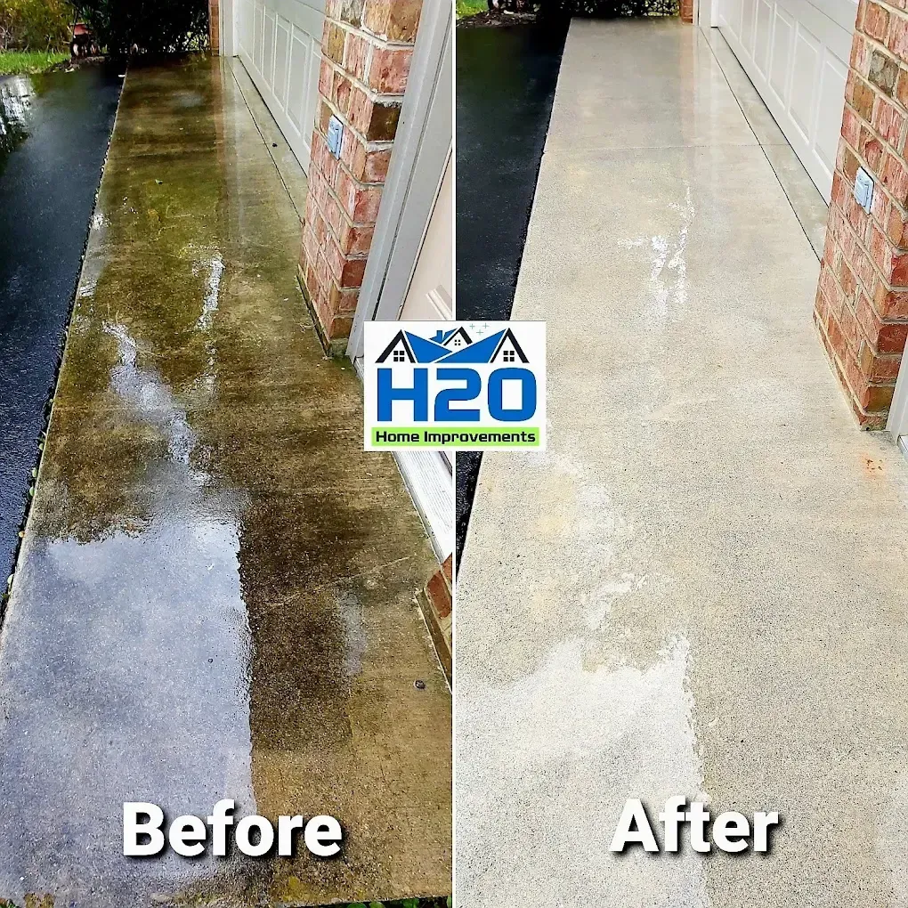 Before-and-after of a wet concrete walkway, showing a cleaned, brighter surface with H2O Home Improvements logo.