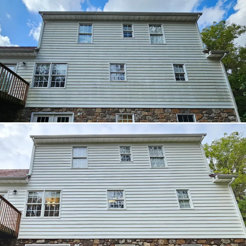 Two-story house exterior before and after repainting, showing updated light gray siding and white trim