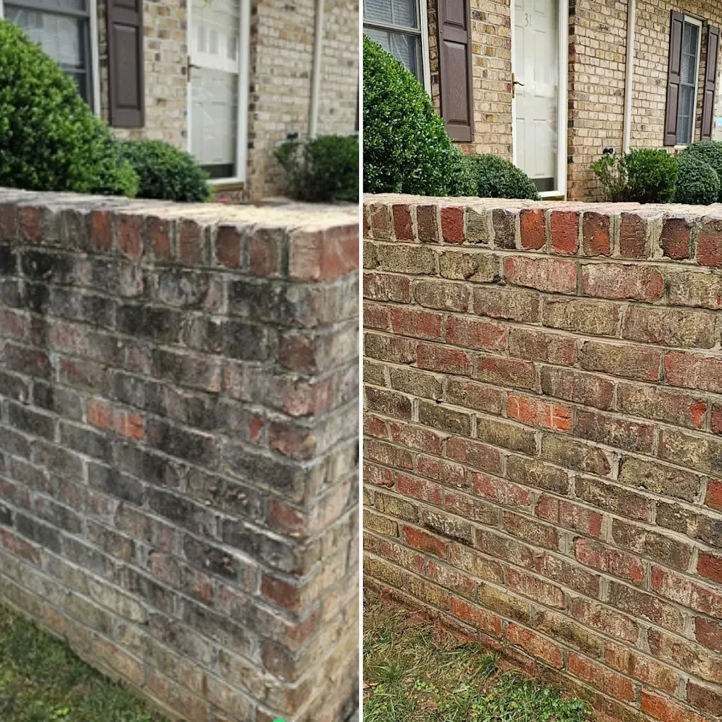 Side-by-side view of a weathered brick wall before and after cleaning.