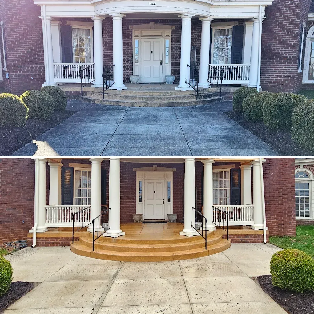 Before-and-after view of a brick house entrance, showing a worn walkway transformed into a new curved brick porch.