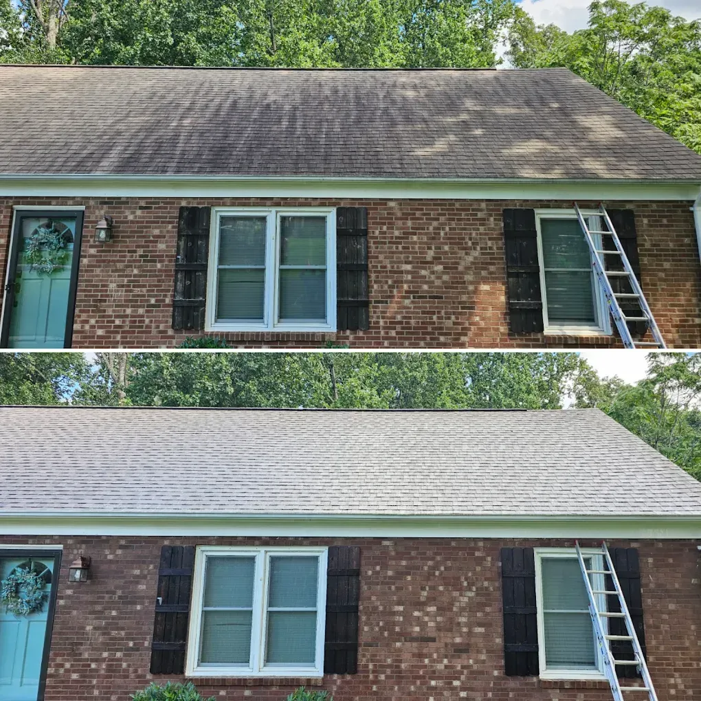 Before-and-after view of a brick house roof, showing dark weathered shingles above and light gray shingles below.