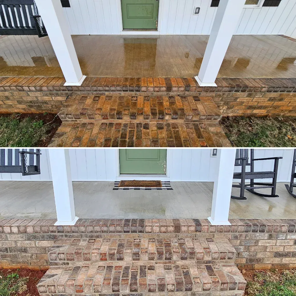 Before-and-after view of a brick front porch and steps, with a green door and white columns.