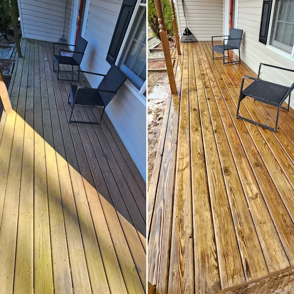 Before-and-after of a wooden porch deck, showing weathered boards becoming cleaned and brighter.